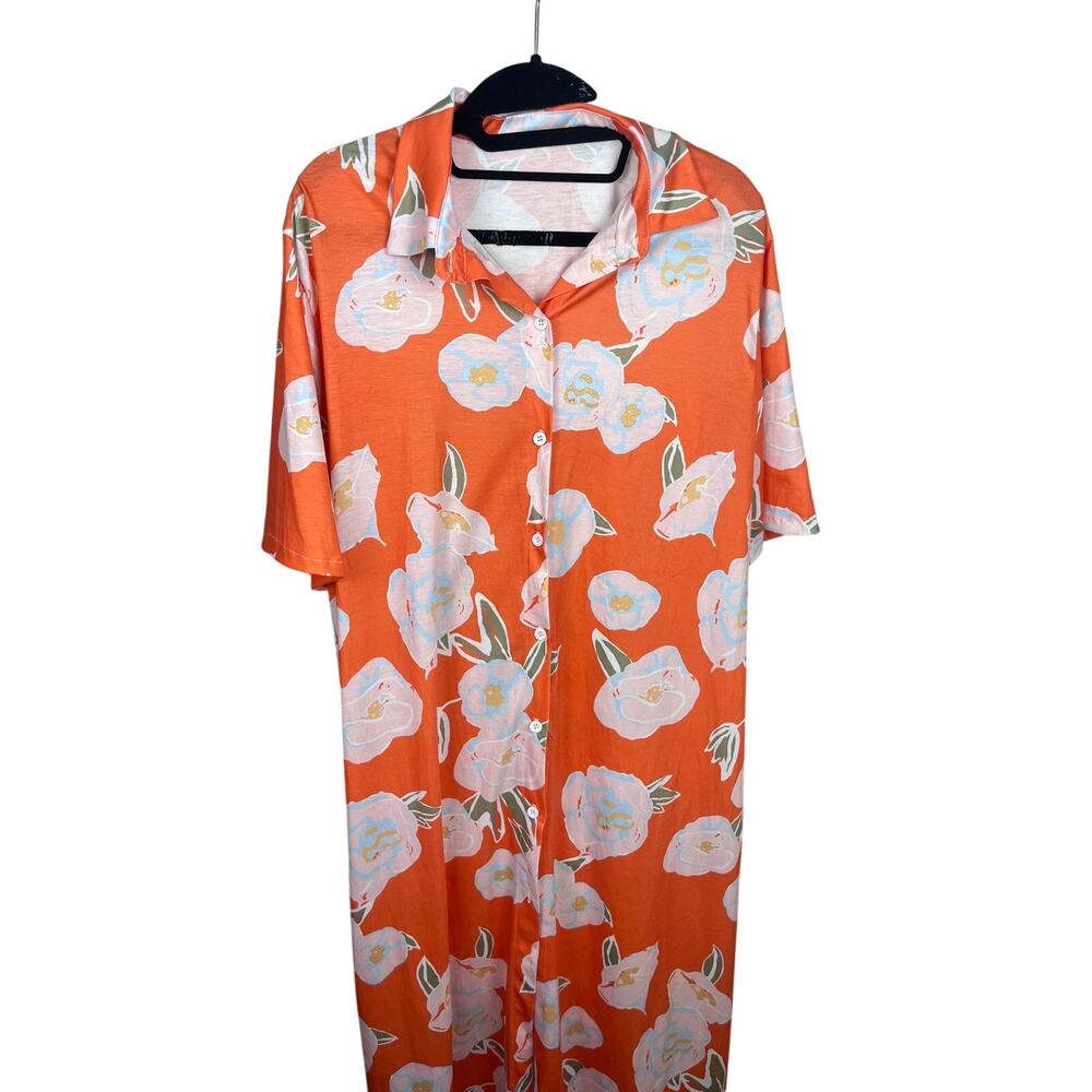 Handmade Orange Floral Collared Button Up Midi Dress — Est Large